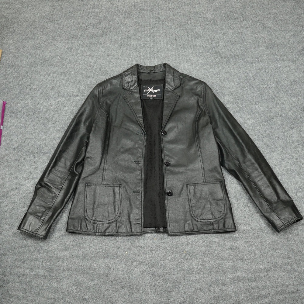 Wilsons Maxima Jacket Women Large Black Leather Blazer 3-Button Solid Classic